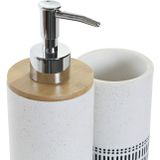 Badkamerset met zeeppompje en tandenborstel beker wit steen 19 cm - Navulbare zeep houder - Toilet/badkamer accessoires