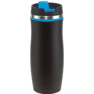 Thermosbeker/warmhoudbeker zwart/blauw 400 ml - Thermo koffie/thee isoleerbekers dubbelwandig met schroefdop