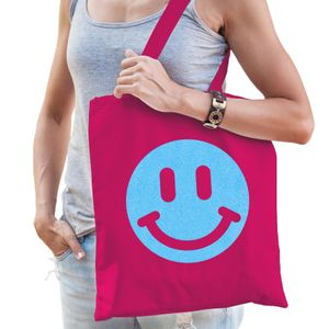 Cadeau tas voor dames - glitter smiley - fuchsia - katoen - 42 x 38 cm - Moederdag - verjaardag - Feest Boodschappentassen