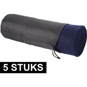 5x Fleece deken navy 150 x 120 cm - reisdeken met tasje