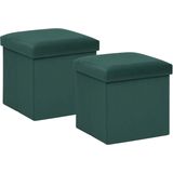 Poef/krukje/hocker Amber - 2x - Opvouwbare zit opslag box -  fluweel smaragd groen - D38 x H38 cm - Poefs
