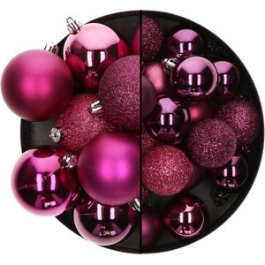 Kerstballen - 26x st - 3 en 7 cm - framboos/roze - kunststof - kerstversiering - Kerstbal