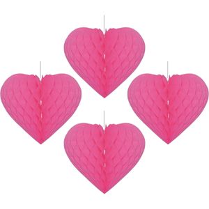 4x stuks papieren honeycomb hart fuchsia roze 15 x 18 cm - Hangdecoratie
