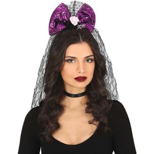 Halloween thema diadeem met strik en sluier - one size - zwart/paars - meisjes/dames - Verkleedhoofddeksels