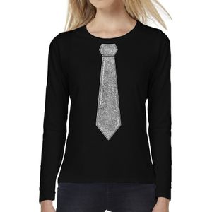 Verkleed shirt voor dames - stropdas zilver - zwart - carnaval - foute party - longsleeve - Feestshirts