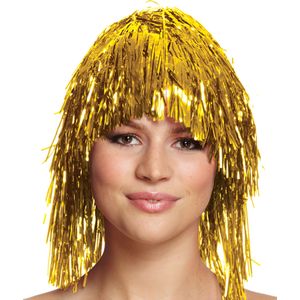 2x stuks dames tinsel/folie carnaval pruik - goud kleur - disco/eighties - Verkleedpruiken