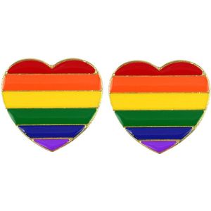 2x Regenboogvlag kleuren metalen pin/broche hartje 3 cm - Verkleedarmdecoratie