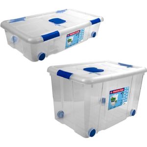 2x Opbergboxen/opbergdozen met deksel en wieltjes 30 en 55 liter kunststof transparant/blauw - Opbergbakken