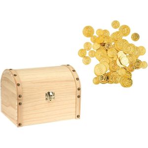 Houten piraten schatkist 20 x 15 cm met 100x plastic gouden piraten geld munten - Hobbydozen