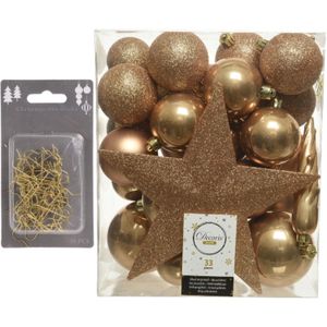 33x stuks kunststof kerstballen 5, 6 en 8 cm camel bruin inclusief ster piek en kerstbalhaakjes - Kerstbal