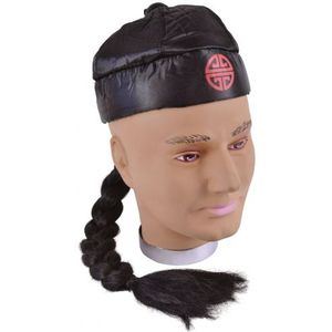 Zwart Chinees verkleed hoedje met vlecht - Verkleedhoofddeksels