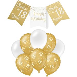 Paperdreams Luxe 18 jaar feestversiering set - Ballonnen &amp; vlaggenlijnen - wit/goud - Feestpakketten