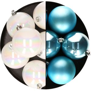 Kerstballen - 12x st - 8 cm - parelmoer wit en blauw - kunststof - Kerstbal