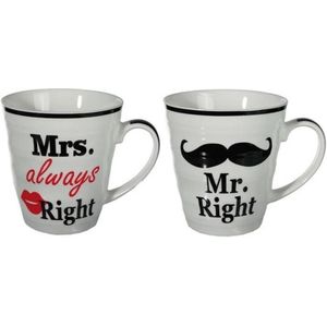 Mr Right en Mrs Always Right cadeau beker set voor hem en haar - Huwelijk/Bruiloft/Valentijnsdag- cadeautje