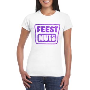 Verkleed T-shirt voor dames - feest muts - wit - glitter paars - carnaval/themafeest - Feestshirts