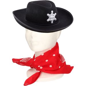 Verkleedset cowboyhoed Sheriff - zwart - met rode hals zakdoek - voor kinderen - Verkleedhoofddeksels