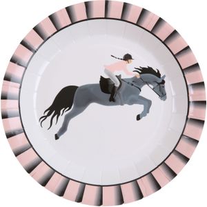 Feest wegwerpbordjes - paarden - 10x stuks - 23 cm - roze/grijs - Feestbordjes