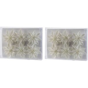 18x Kerstbloemen versiering wit glitter roos op steker - Kersthangers
