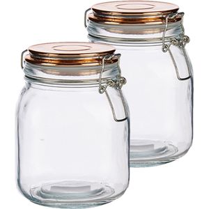 Weckpot/voorraadpot - Set van 2x stuks - glas - 1000 ml - 11 x 15 cm - met klepdeksel koper - luchtd - Voorraadpot