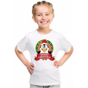 Witte Kerst t-shirt voor kinderen met pinguin - kerst t-shirts kind