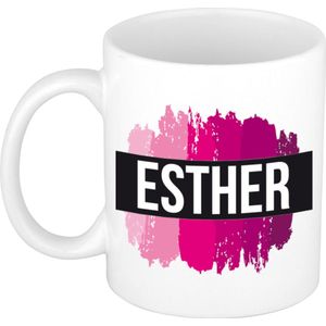 Naam cadeau mok / beker Esther  met roze verfstrepen 300 ml - Naam mokken