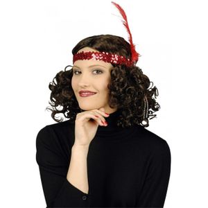 Charleston hoofdband - met pauwen veer en kraaltjes - rood - dames - jaren 20 thema - Verkleedhaardecoratie