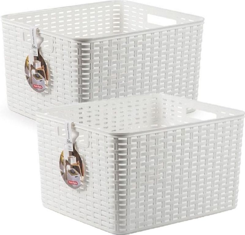 4x stuks rotan gevlochten opbergmand/opbergbox kunststof - wit - 34 x 40 x 23 cm - Opbergbox