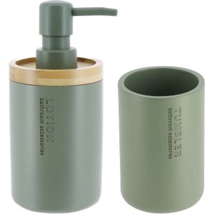 Tendance Badkamer accessoires set 2-delig - Polyresin/bamboe - groen - robuust - matte coating - Zeeppompjes