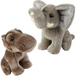 Ravensden - Knuffeldieren set olifant en nijlpaard pluche knuffels 18 cm