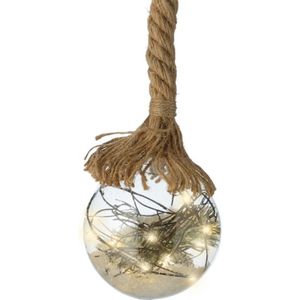 Verlichte kerstbal glas - aan touw - D10 cm - 15 lampjes -warm wit - kerstverlichting figuur