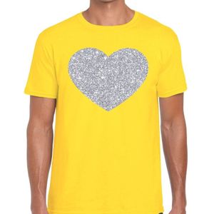 Zilver hart glitter fun t-shirt geel heren - Feestshirts