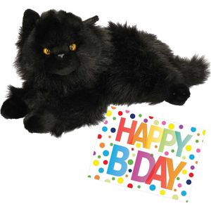 Pluche knuffel kat/poes zwart 30 cm met A5-size Happy Birthday wenskaart - Knuffel huisdieren