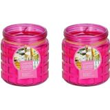 2x stuks citronella kaarsen in glazen pot 12 cm fuchsia roze - geurkaarsen