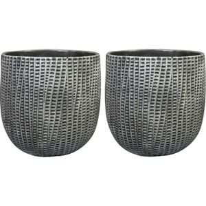 Bloempot/plantenpot - 2x - binnen - zwart/metaal look - D24 en H21 cm - cement - Plantenpotten