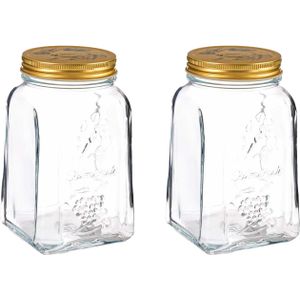 Pasabahce Voorraadpot/bewaarpot Square - 2x - glas - 1L - transparant/goud - D10 x H17 cm - voedsel bewaren