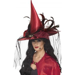 Heksen punt hoed in de kleur rood - Verkleedhoofddeksels