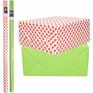 4x Rollen kraft inpakpapier liefde/rode hartjes pakket - groen 200 x 70 cm - Cadeaupapier