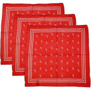 Matroos/kapitein/piraten zakdoek - 3x - rood - met ankers patroon - 55 x 55 cm - Verkleedattributen