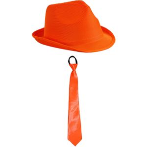 Carnaval verkleed set - hoedje en stropdas - oranje - volwassenen - Verkleedhoofddeksels