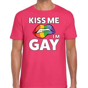 Kiss me i am gay t-shirt roze voor heren - Feestshirts