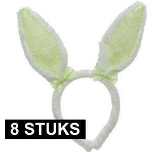 8x Feestartikelen konijn/haas diademen met oren 24 cm wit/groen verkleedaccessoire - Verkleedattributen