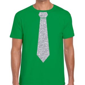 Groen fun t-shirt met stropdas in glitter zilver heren - Feestshirts