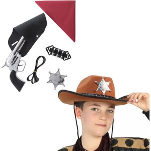 Carnaval Verkleed set - Cowboy hoed bruin met holster/revolver/ster/zakdoek - voor kinderen - Verkleedhoofddeksels