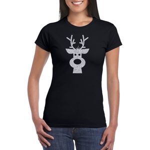 Rendier hoofd Kerst t-shirt zwart voor dames met zilveren glitter bedrukking - kerst t-shirts