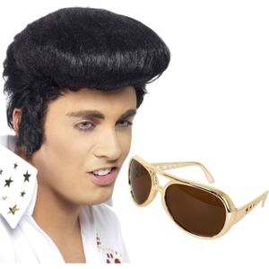 Elvis verkleed set pruik zwart en bril voor heren - Verkleedpruiken