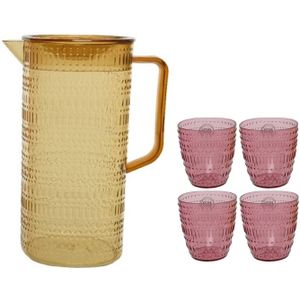 Gele schenkkan/waterkan/sapkan/limonadekan set met 4 roze glazen