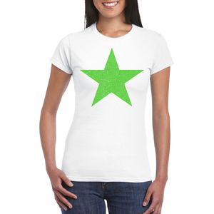 Verkleed T-shirt voor dames - ster - wit - groen glitter - carnaval/themafeest - Feestshirts