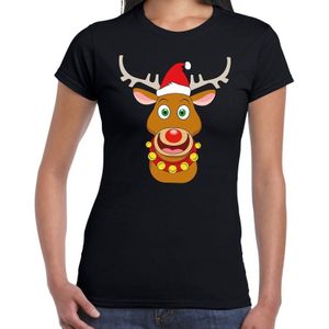 Foute Kerst t-shirt  rendier Rudolf rode muts zwart dames - kerst t-shirts