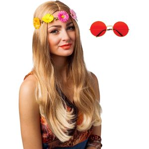 Hippie Flower Power Sixties verkleed set hoofdband met rode party bril - Verkleedhaardecoratie