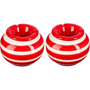 Set van 2x stuks terras asbakken/stormasbakken rond keramiek 12 x 7,5 cm rood met streep - Asbakken